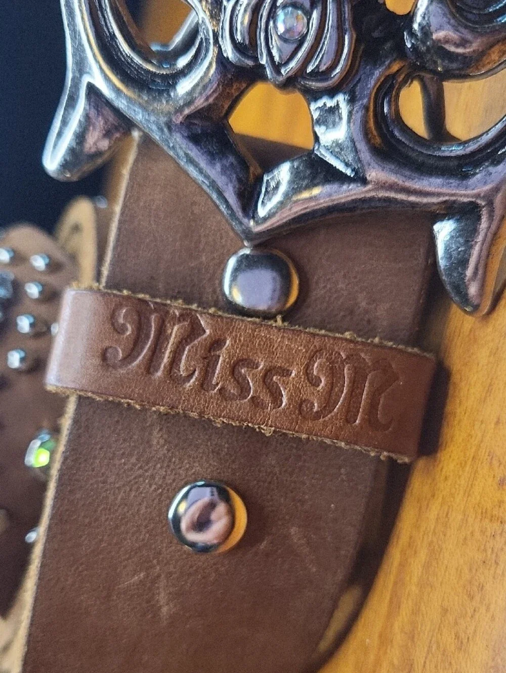 Miss Me Brown Leather Studded Belt with Ornate Silver-Tone Buckle